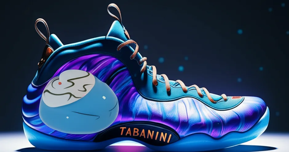 Tabanini concept sneaker with luminous blue upper, violet sculpted panels, and a slime-inspired character